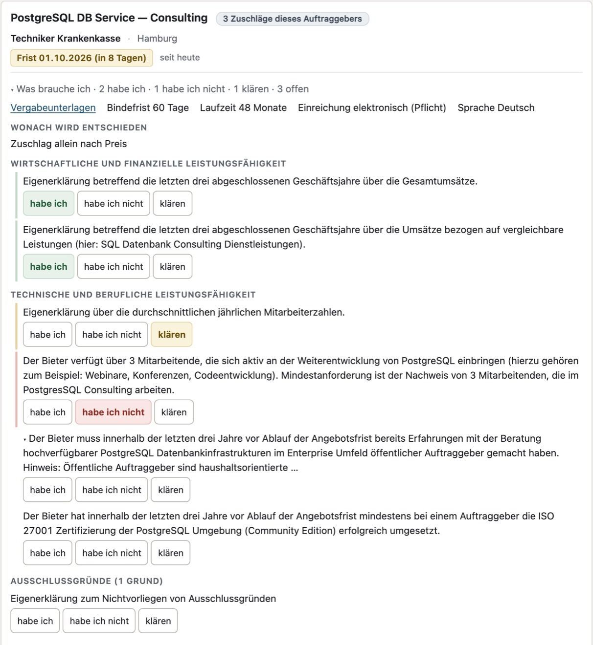 Eine Karte in der Stufe Prüfen: Frist, aufgeklappter Block „Was brauche ich“ mit Bindefrist, Zuschlagskriterium und Eignungsanforderungen, je Zeile die Knöpfe habe ich, habe ich nicht, klären